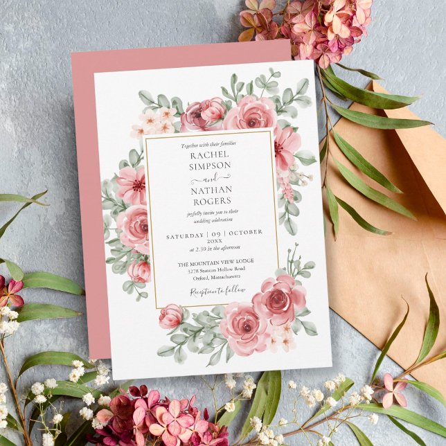 Convites Pó Floral Rosa Dourado Casamento (Criador carregado)