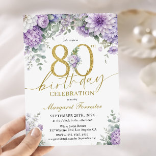 Convites Pó Glitter Dourado Roxo Floral para 80º Aniversári