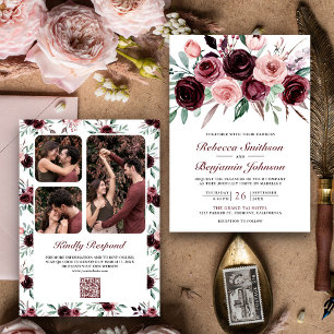 Convites Pó Rosa Borgonha Floral Código QR Casamento
