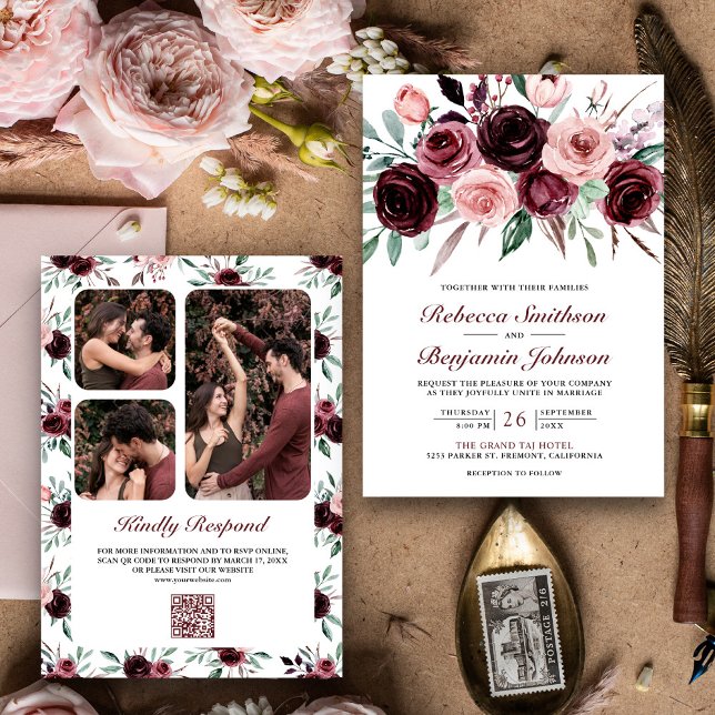 Convites Pó Rosa Borgonha Floral Código QR Casamento (Criador carregado)