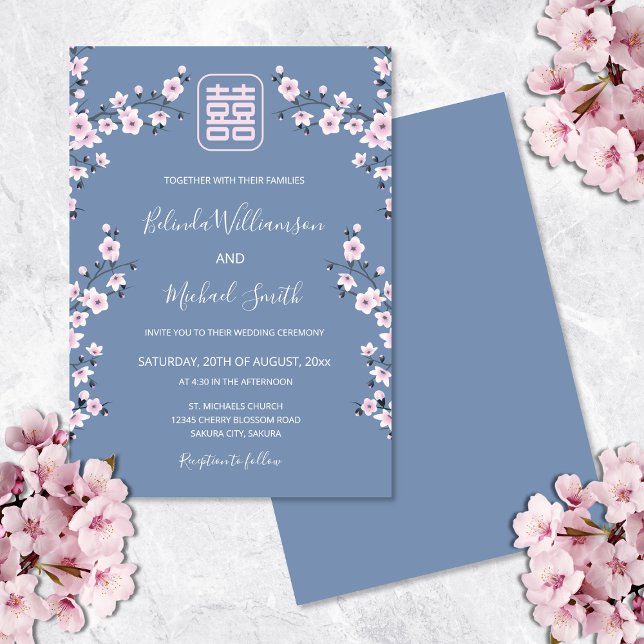 Convites Pó Rosa Flor Azul | Casamento Chinês (Criador carregado)