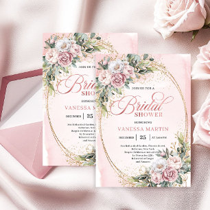 Convites Pó Rosa Floral Eucalipto Chá de Noiva Chic