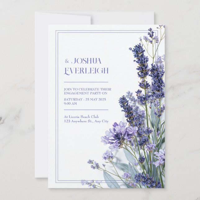 Convites Pó Rosa Lavanda Azul Esboço Moldura Floral Casamen (Frente)