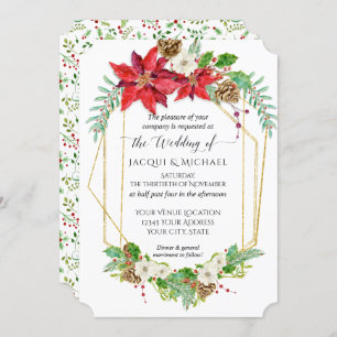 Convites Pobinsettia Dourada Geométrica das Pontas Vermelha