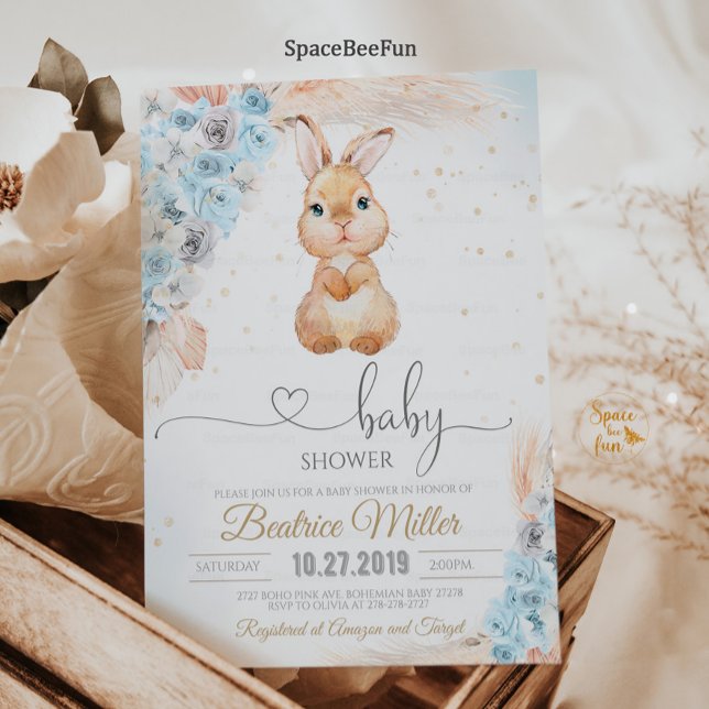 Convites Poço de Chá de fraldas Coelhinho Boho Pampas (Bunny Baby Shower Invitation Boy Boho pampas grass Bohemian Rabbit Bunny Baby Shower Some Bunny )