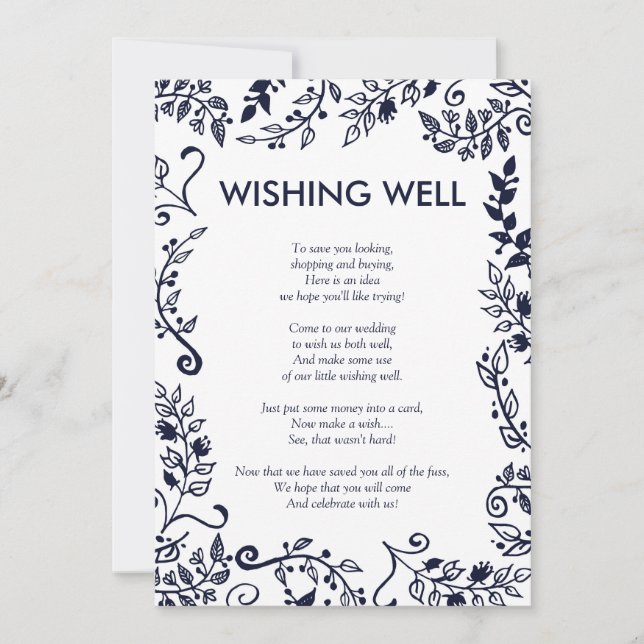 Convites Poço de Desejos Floral Azul Marinho e Branco Elega (Frente)