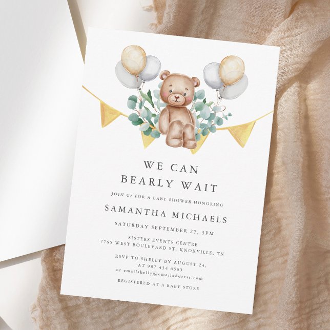 Convites Podemos Ampliar O Chá de fraldas Do Urso (We Can Bearly Wait Bear Baby Shower Invitation)