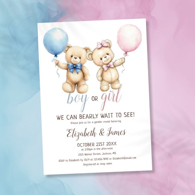 Convites Podemos Esperar A Revelação De Gênero Do Balão Do  (We Can Bearly Wait Bear Balloon Gender Reveal Invitation)