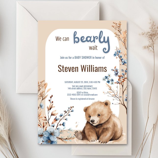 Convites Podemos esperar chá de fraldas (Cute bear with rustic blue flowers baby shower invitation)