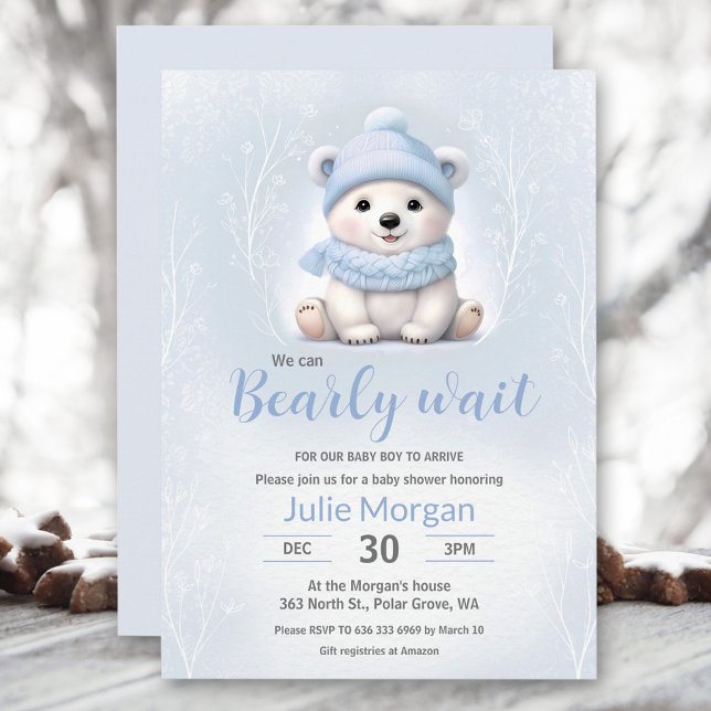 Convites Podemos Esperar Chá de fraldas Azul Do Urso Polar (We Can Bearly Wait Blue Polar Bear Baby Shower Invitation)