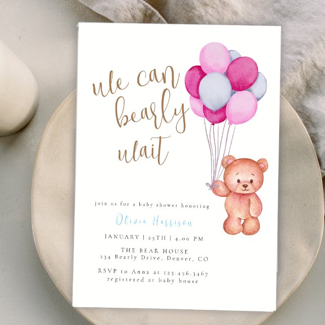 Convites Podemos Esperar Chá de fraldas Azul Rosa (We Can Bearly Wait Pink Blue Balloon Baby Shower Invitation)