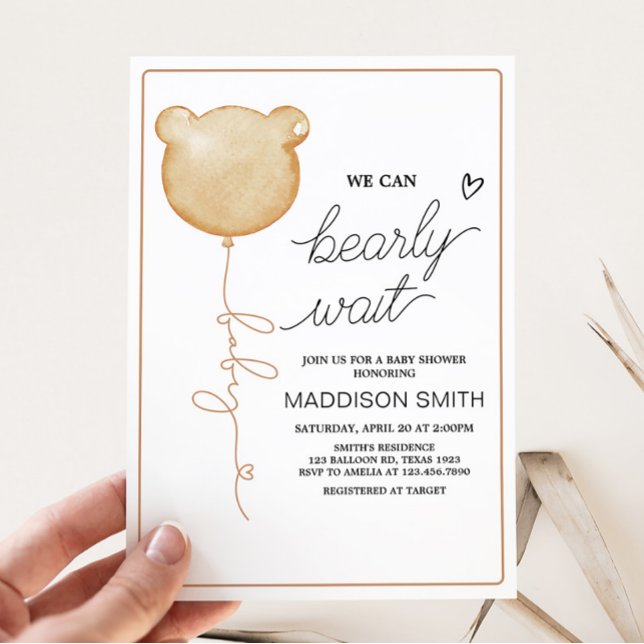 Convites Podemos Esperar Chá de fraldas De Balão Castanho (Gender Neutral Minimalist Bear Baby Shower Invitation)