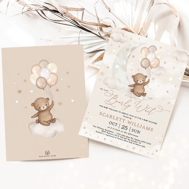 Convites Podemos Esperar Chá de fraldas De Balões De Urso M (Criador carregado)