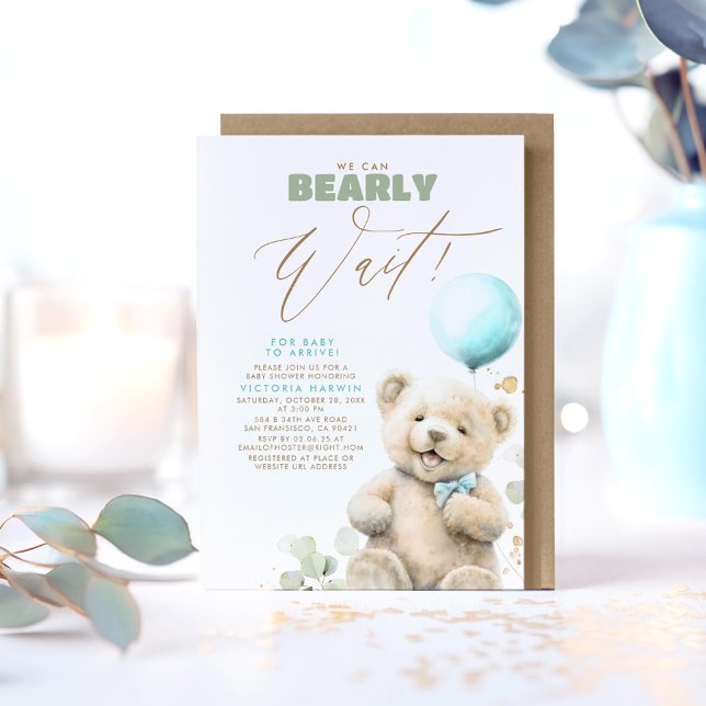 Convites Podemos Esperar - Chá de fraldas De Bebê (We Can Bearly Wait - Cute Joyful Little Bear Baby Shower Invitations in Blue, Brown and Green)