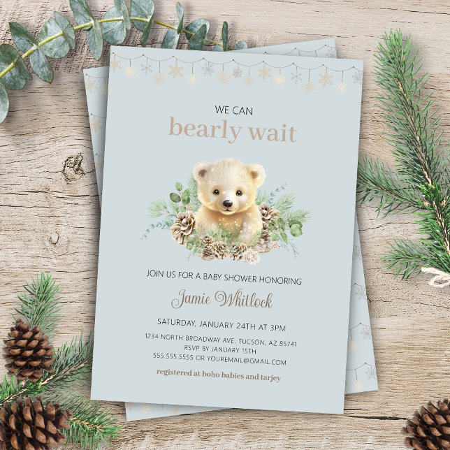 Convites Podemos Esperar Chá de fraldas de inverno Blue Boy (blue bohemian we can bearly wait elegant winter baby shower invitation with polar bear twinkle light)
