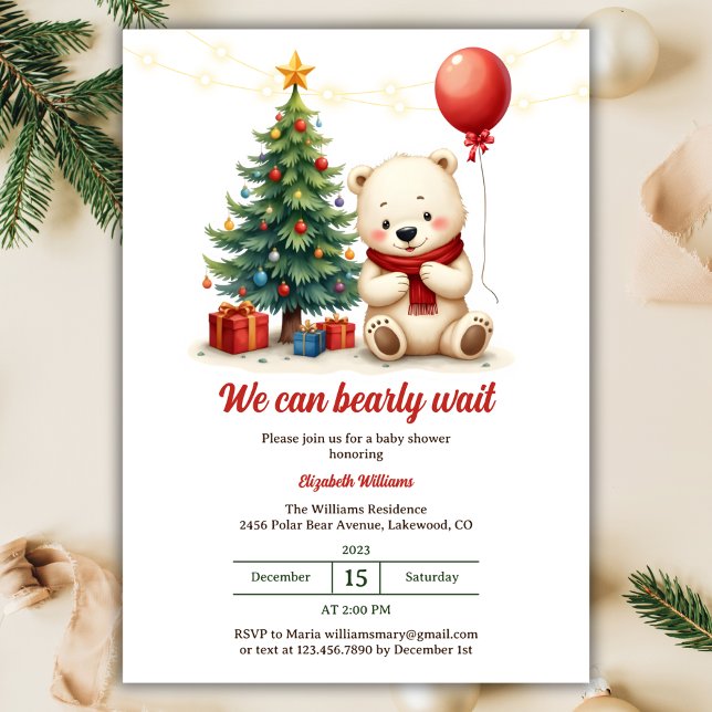 Convites Podemos Esperar Chá de fraldas de Natal do Urso Bo (We Can Bearly Wait | Cute Polar Bear Christmas Themed Baby Shower Invitation)