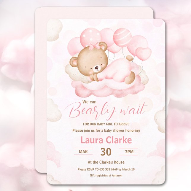 Convites Podemos Esperar Chá de fraldas de Urso Rosa (We Can Bearly Wait Girl pink Bear Baby Shower Invitation)