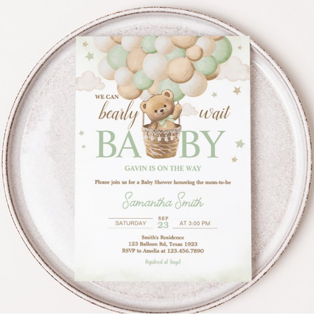 Convites Podemos Esperar Chá de fraldas De Urso Verde (Boho Green Teddy Bear Baby Shower Invitation)