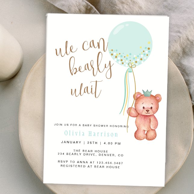 Convites Podemos Esperar Chá de fraldas De Urso Verde (We Can Bearly Wait Green Balloon Bear Baby Shower Invitation)