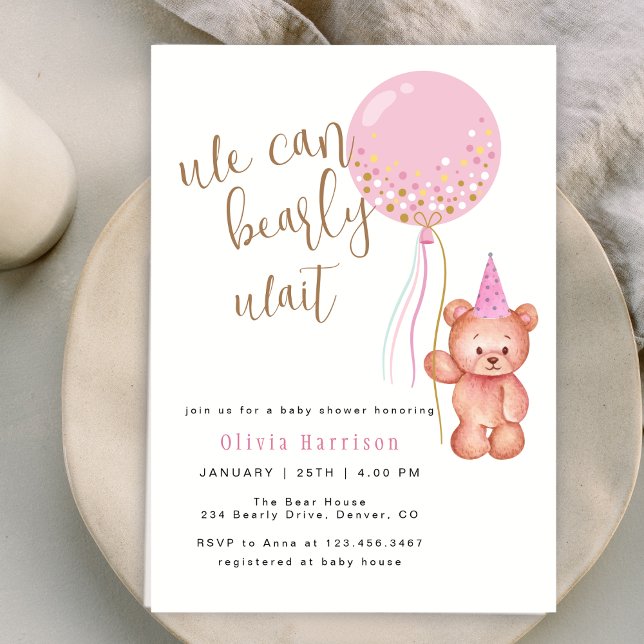 Convites Podemos Esperar. | Chá de fraldas do balão rosa (We Can Bearly Wait | Bear Pink Balloon Baby Shower Invitation)