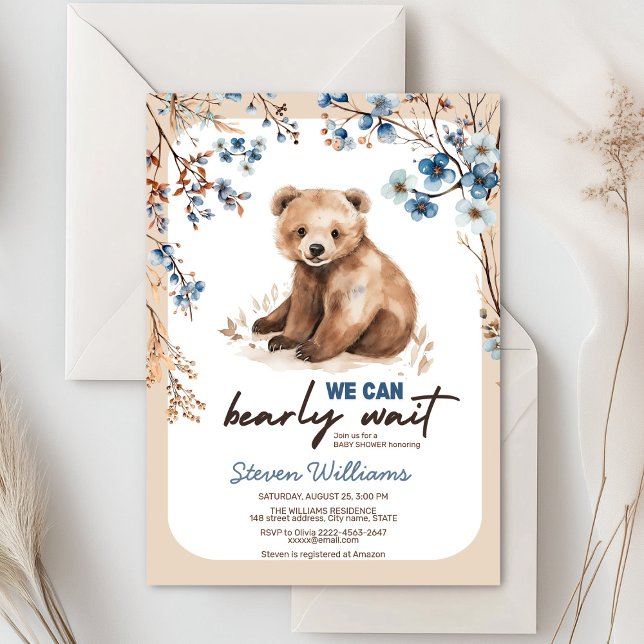 Convites Podemos Esperar Chá de fraldas floral azul (Cute bear with rustic blue flowers baby shower invitation)