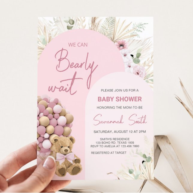 Convites Podemos Esperar Chá de fraldas Rosa (Pink Boho Bear Baby Shower Invitation)