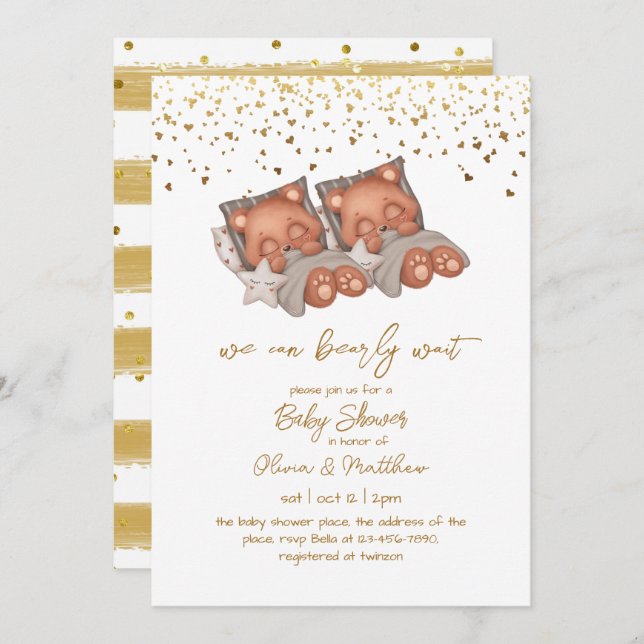 Convites Podemos Esperar Gêmeos Chás de fraldas Neutros (Frente/Verso)