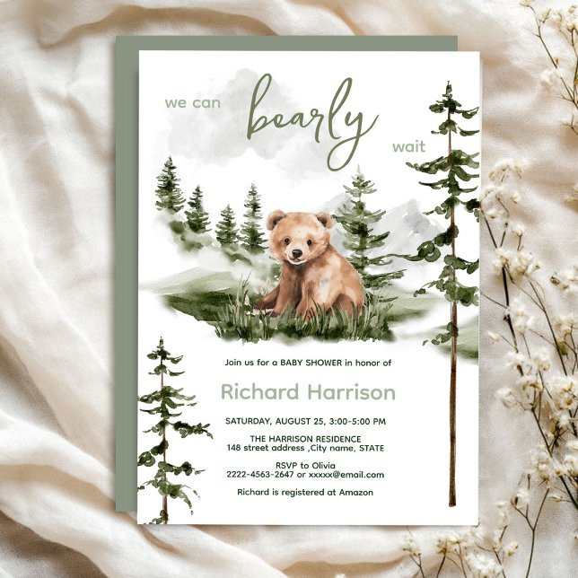 Convites Podemos esperar o chá de fraldas (Bearly wait cute watercolor forest baby shower invitation )