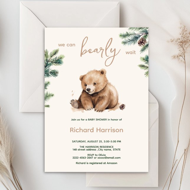 Convites Podemos esperar o chá de fraldas (Bearly wait cute watercolor forest baby shower invitation )