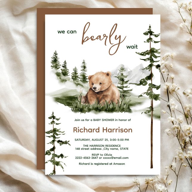 Convites Podemos esperar o chá de fraldas (Bearly wait cute watercolor forest baby shower invitation )