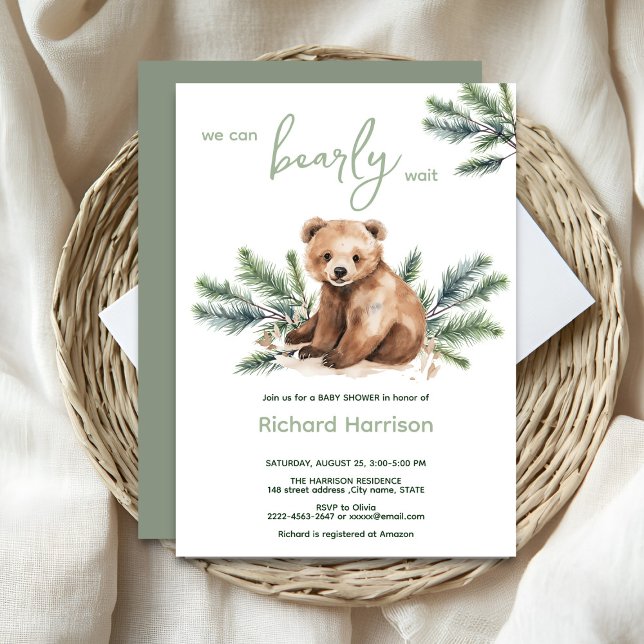 Convites Podemos esperar o chá de fraldas (Bearly wait cute watercolor forest baby shower invitation )