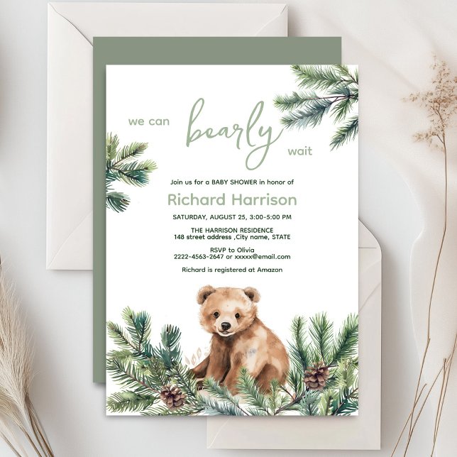 Convites Podemos esperar o chá de fraldas (Bearly wait cute watercolor forest baby shower invitation )