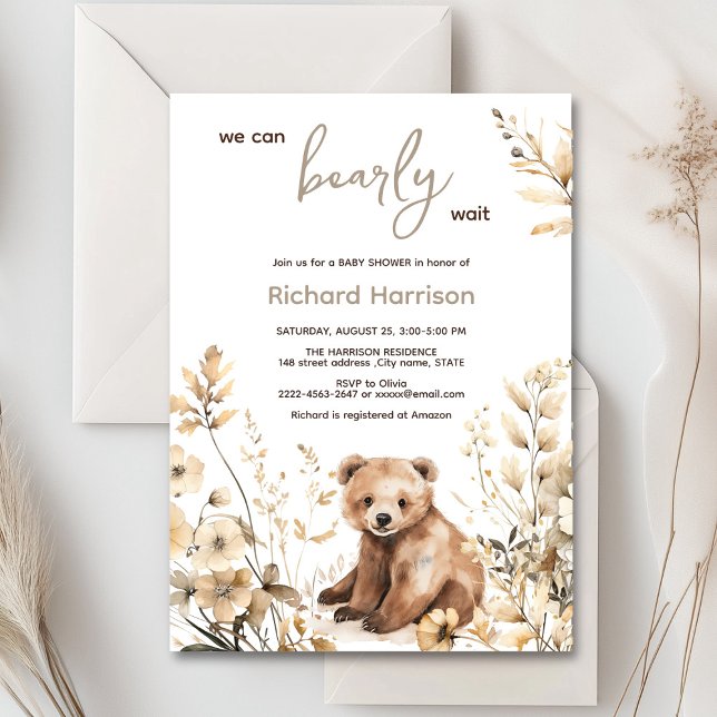 Convites Podemos esperar o chá de fraldas (Cute watercolor forest bear with rustic beige flowers baby shower invitation)