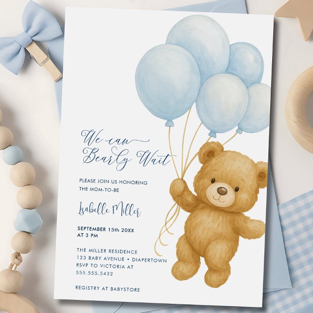 Convites Podemos Esperar O Chá de fraldas Blue Boy (We can Bearly Wait boy Baby Shower Invitation)