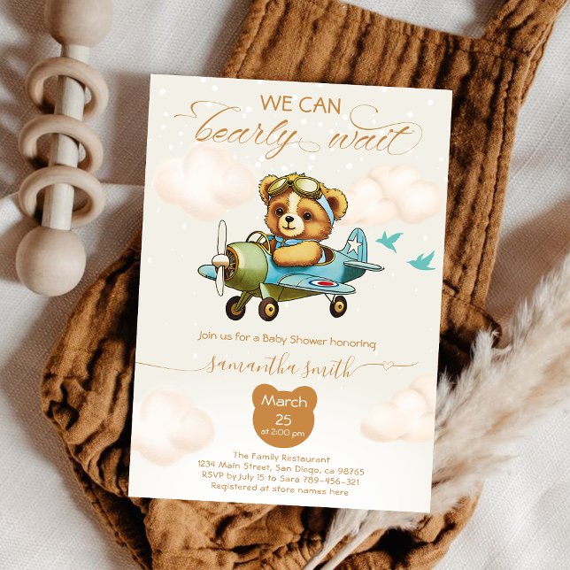 Convites Podemos esperar o chá de fraldas do piloto (We can bearly wait Pilot boy baby shower Invitation)