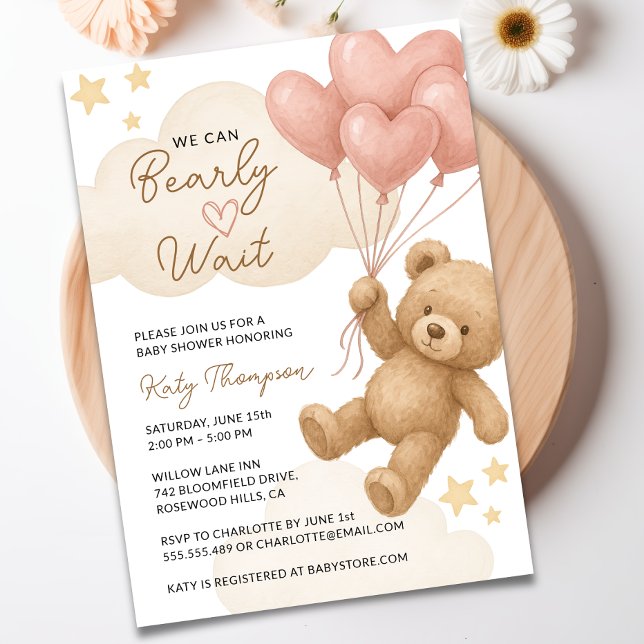 Convites Podemos Esperar O Chá de fraldas Do Urso De Teddy (We Can Bearly Wait Teddy Bear Girl Baby Shower Invitation)