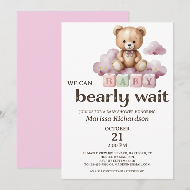 Convites Podemos Esperar O Chá de fraldas Do Urso De Teddy (Frente/Verso)
