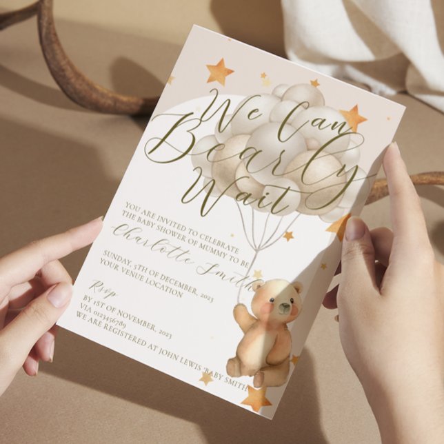 Convites Podemos Esperar O Chá de fraldas Dos Balões Do Urs (we can bearly wait bear theme baby shower invitation)