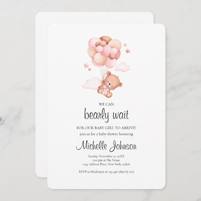 Convites Podemos Esperar O Chá de fraldas Rosa Do Urso De T (Frente/Verso)