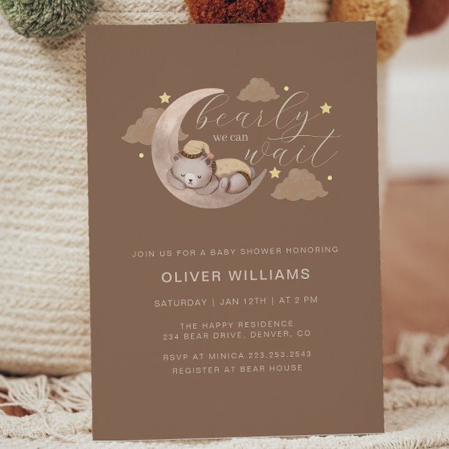 Convites Podemos Esperar O Cub Brown Moon Star Chá de frald (We Can Bearly Wait Cub Brown Moon Star Baby Shower Invitation)
