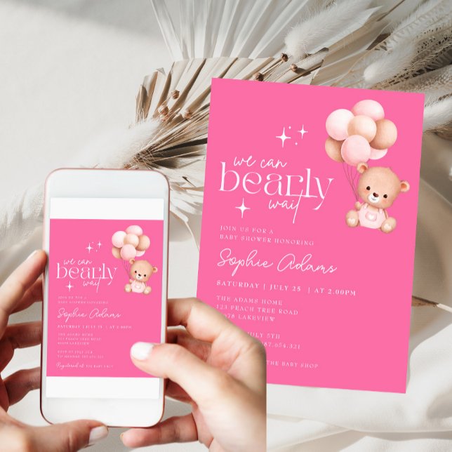 Convites Podemos Esperar O Teddy Bear O Chá de fraldas Rosa (Criador carregado)