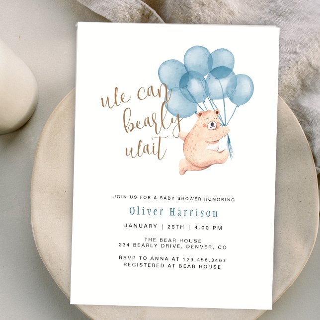 Convites Podemos Esperar Um Chá de fraldas De Balão De Urso (We Can Bearly Wait Cute Bear Balloon Baby Shower Invitation)