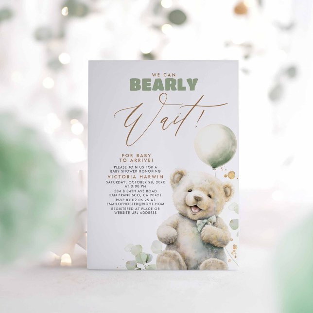 Convites Podemos Esperar - Um Chá de fraldas De Urso De Beb (Bear Themed Baby Shower Invitations in Green and Brown)