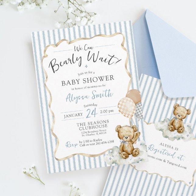 Convites Podemos Esperar Um Chá de fraldas Do Urso De Aquar (Cute watercolor teddy bear checker balloons blue stripe ribbon bow frame baby boy shower invitations)