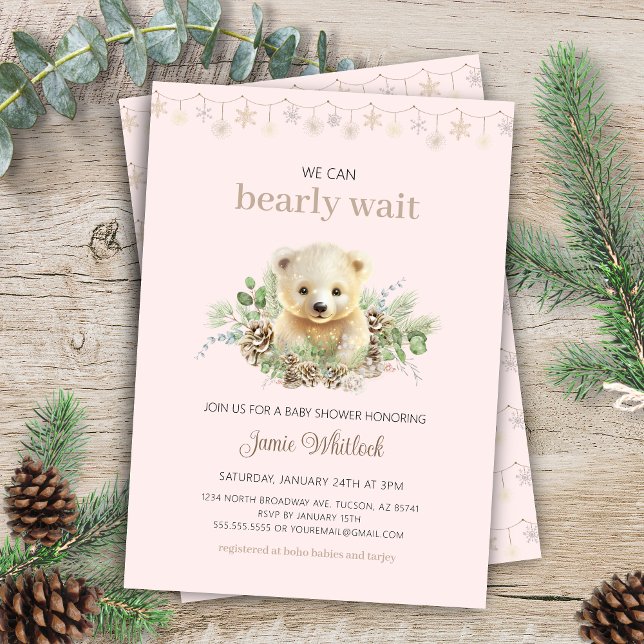 Convites Podemos Esperar Uma Garota Rosa Chá de fraldas De  (cute pink whimsical christmas we can bearly wait winter baby shower invitation with boho vibes)
