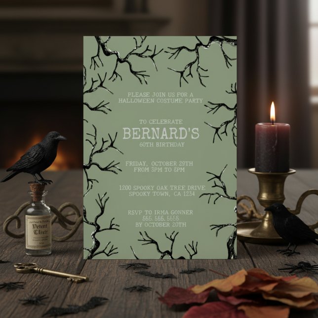 Convites Poderoso como o Aniversário do Oak Spooky Adulto (Spooky Oak Trees Halloween Birthday Invitation for Him. Black & White Scary Oak Tree Illustration)