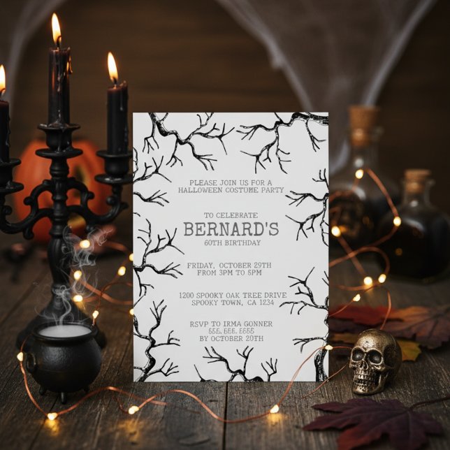 Convites Poderoso como o Aniversário do Oak Spooky Adulto (Spooky Oak Trees Halloween Birthday Invitation for Him. Black & White Scary Oak Tree Illustration)