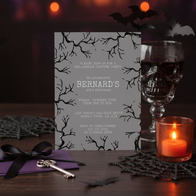 Convites Poderoso como o Aniversário do Oak Spooky Adulto (Spooky Vintage Oak Trees Halloween Birthday Invitation. Scary Oaks Illustration in Black Ink for Him)