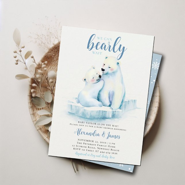Convites Podia Esperar Polar, Mãe, Cubo, Chá (we can bearly wait baby boy shower invitation winter polar mom bear cub cute sweet animal blue white)