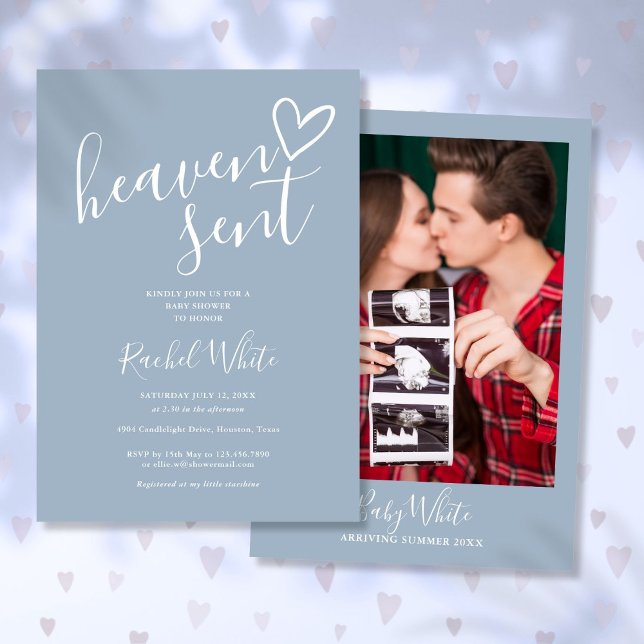 Convites Poeira Azul Celestial Foto Menino Chuvada de Bebê (Heaven Sent Dusty Blue Photo Boy Baby Shower Invitation)